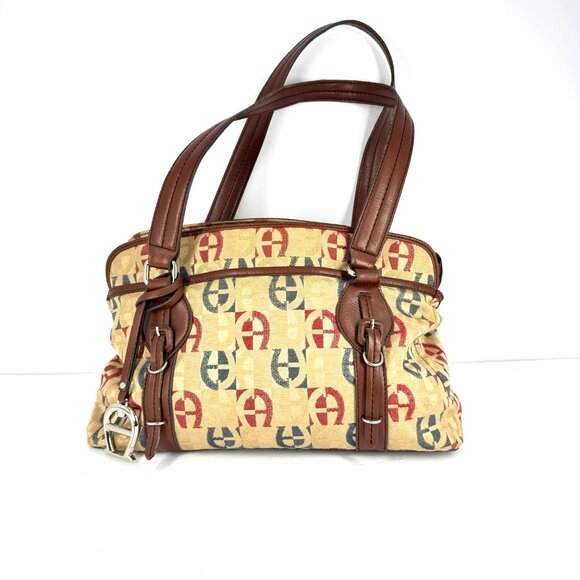 Etienne Aigner Monogram Canvas Shoulder Tote Brown Faux Leather Trim - Picture 2 of 16